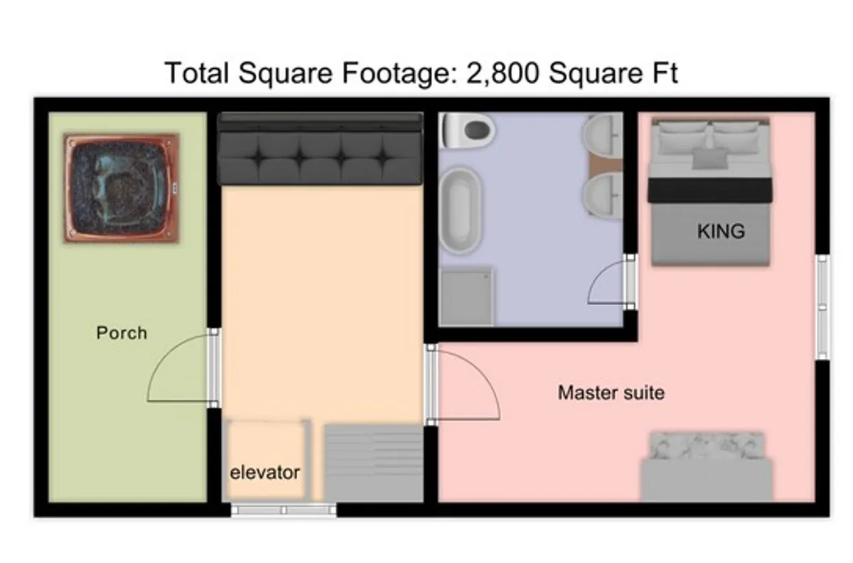 The image highlights the elevator near the porch and master suite, suggesting ease of movement between spaces. The elevator is prominently featured, ensuring its role as a key amenity for accessibility and luxury.