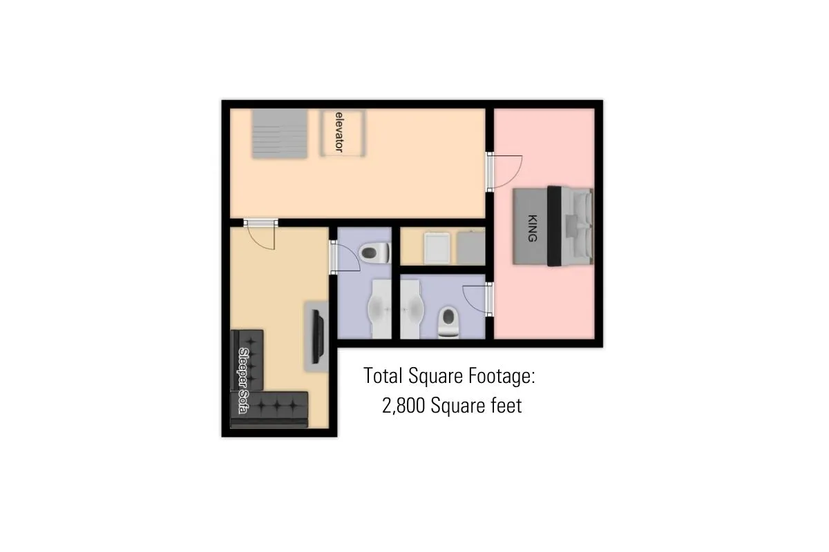 The image showcases a king bed set in a modern, inviting room, with the glass elevator clearly visible just steps away. There's also a comfortable sofa and TV, emphasizing both relaxation and entertainment options on the entry level.